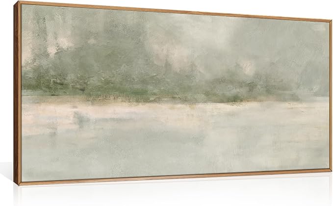FWIEXA Grey Green Abstract Canvas Wall Art, Neutral Landscape Framed Prints, Modern Lake Scenery Paintings, Beige 20x40In Watercolor Artwork Poster for Farmhouse, Living Room, Bedroom, Office