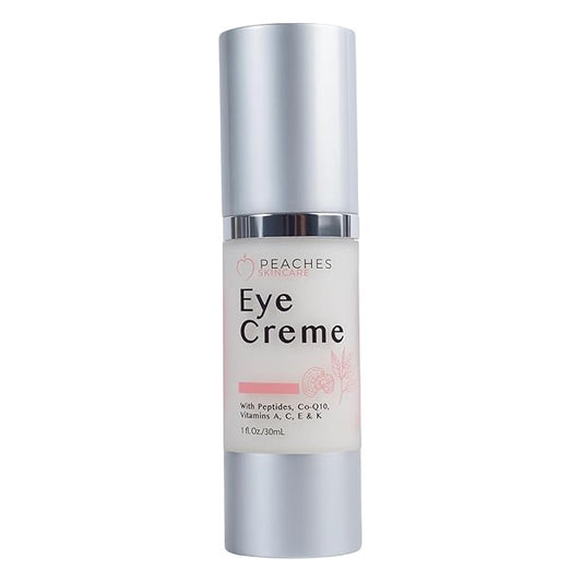 Peaches Skin Care Under Eye Cream – Targets Puffiness, Dark Circles, and Bags – Vegan Formula with Peptides, Co-Q10, Squalene, Vitamins, and Reishi – Eye Crème (1 oz)