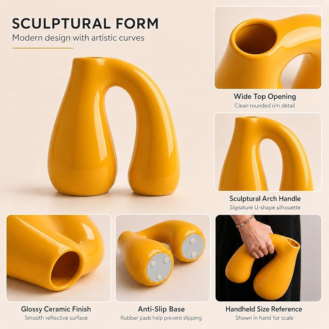Yellow Ceramic Vase for Pampas, Boho Shelf & Table Decor | Holds Dried Stems and Faux Florals - Sculptural Accent for Mantel, Console and Entryway