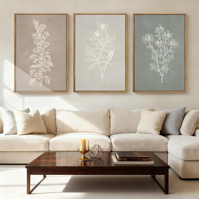 ANHUIB Neutral Botanical Wall Art, Rustic Farmhouse Floral Paintings,Vintage Minimalist Boho Flower Wall Decor 24x36 Inch Plants Set of 3 for Living Room Bedroom