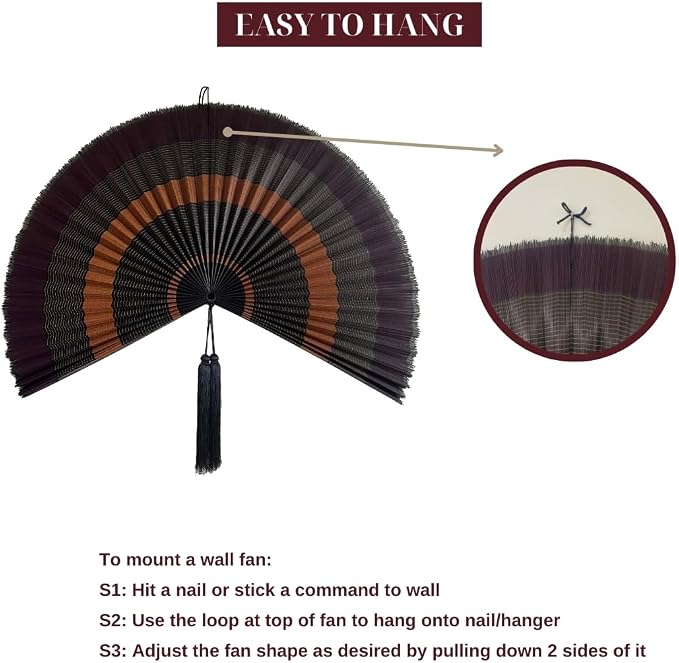 ChumDecor Bamboo Fan Wall Decor, Japanese Wall Fan Decoration, Ebony 48 in | Large Oversized Oriental and Asian Style Hanging Decoration for Above the Bed Headboard or an Empty Living Room Space