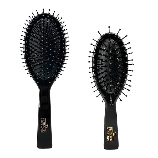 Phillips Brush Luxe Series Oval Paddle Hairbrush Combo Pack – Full Sized 9.25 inch Detangler + 7 inch Petite Size Travel Detangler, Sleek Black Color with Gold Accents