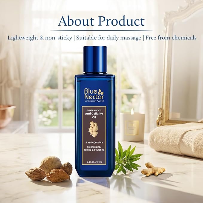 Blue Nectar Ginger Oil Anti Cellulite Body Massage Oil for Skin Tightening, Toning| Authentic Ginger Root Massage Oil with Plant Based Vitamin B & C for Women and Men (11 Herbs, 6.76 Fl Oz)