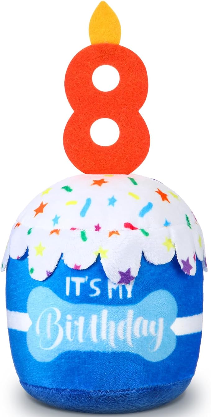 Dansydaisy Dog Birthday Cake Toy Squeaky Plush Gift,8th,Blue