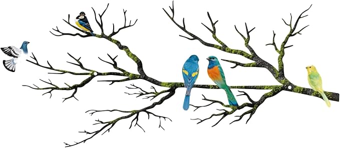 ESTART Metal Birds Wall Art, Metal Vivid Birds on Branch Silhouette Wall Decor Black Leaves with Bird Outdoor Hanging Wall Sculpture for Home Balcony Garden (Bright Color, Small)