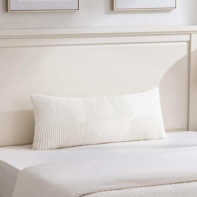 Fancy Homi Set of 1 Cream White Boho Long Lumbar Body Decorative Throw Pillow Cover 14x36 Inch for Bed Couch Bedroom Bench, Soft Patchwork Corduroy Textured Pillow Case, Rustic Farmhouse Room Decor
