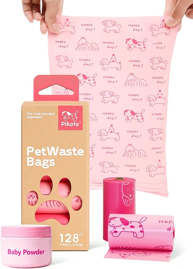 Dog Poop Bags, 128 Count, Baby Powder Scented, Pink | Baby Powder Scented, Extra Thick, 60% Recycled Plastic, Easy-Peel Sticker, 16 Bags Per Roll, Dual Pink Designs