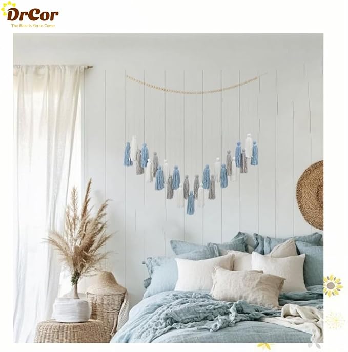 DrCor Dusty Blue Boho Macrame Garland Wall Hanging Decor | Handmade yarn banner for classroom, dorm, reading corner and coastal styling. Pre-assembled, lightweight, reusable.