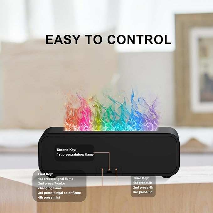 Flame Essential Oil Diffuser, 250ml Aromatherapy Humidifier with 7-Color Sound-Reactive LED, Realistic Fire Effect, Ultra-Quiet Cool Mist Maker, Remote, Timer, Auto-Off for Home, Office