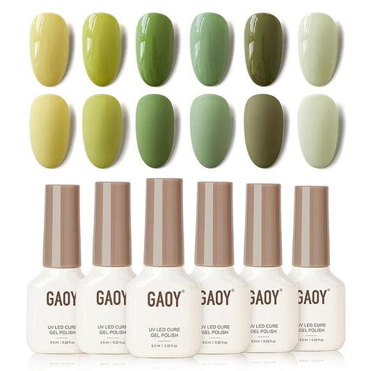 GAOY Green Gel Nail Polish Set, 6 Colors Dark Green Yellow, UV Cure Gel for DIY Manicure at Home