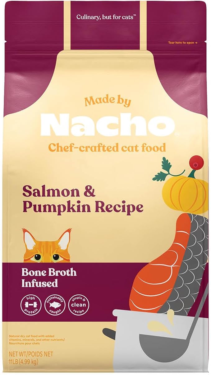 Made by Nacho Dry Cat Kibble 11lb Bag, High Protein and Grain-Friendly Premium Cat Food, Sustainably Caught Salmon and Pumpkin, Infused with Bone Broth for Hydration, Limited Ingredients, Single Bag | Protein-forward dry cat food with premium ingredien...