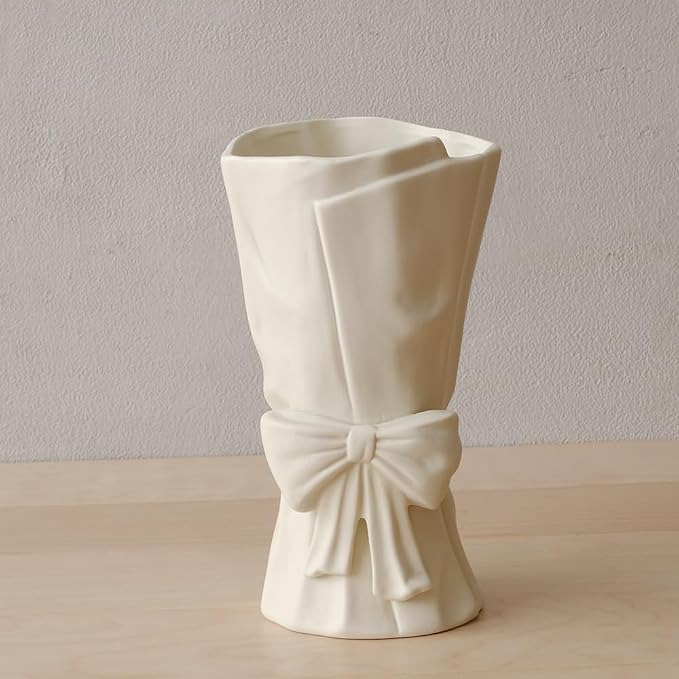 WENSHUO Flower Vase, Ceramic Bow Vase for Flowers, 10 in, Matte Crème | Irregular ceramic bow vase for fresh or dried flowers, wedding centerpieces and home decor. Smooth matte cream-toned glaze.