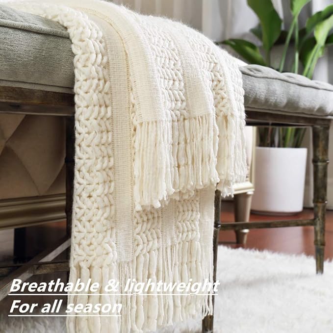 CREVENT Farmhouse Knit Throw Blanket for Couch Sofa Chair Bed Home Decoration, Soft Warm Cozy Light Weight (50''X60'' Cream/White)