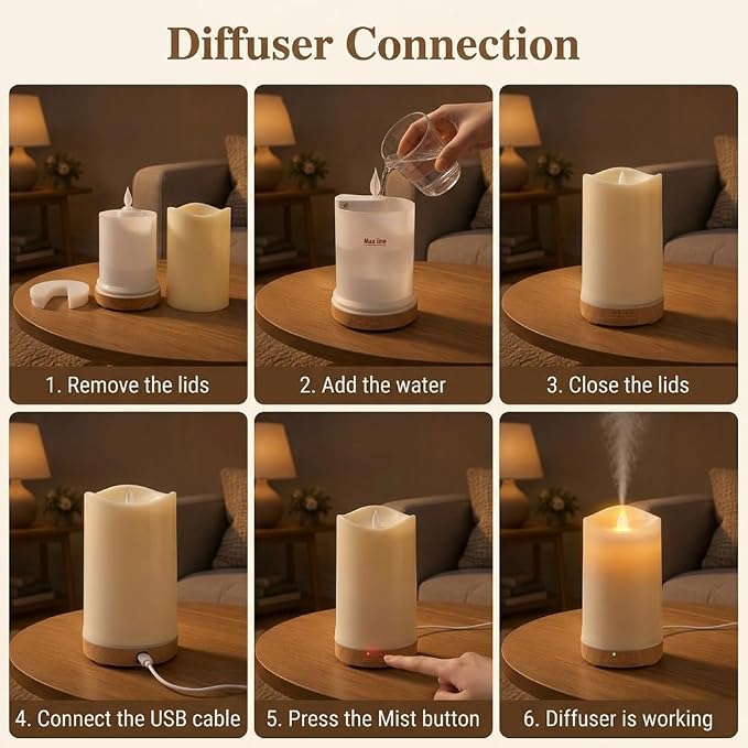 130ML Flameless Candle Essential Oil Diffuser with 3 Aroma Oils | for Small Space with 7 LED Color Night Light,Mini Humidifier for Bedroom Room Decor,Gifts for Women