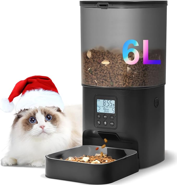 Automatic Cat Feeder, 6L Cat Food Dispenser with 10s Voice Recorder, Pet Feeder up to 8 Meals per Day, Timed Feeder with Dry Food Sealed Ring (Black)