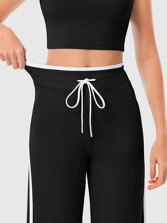 Women's Wide Leg Yoga Pants with Side Stripe, High Waisted Color Block String Lounge Pants, Workout Flowy Track Pants with Pockets