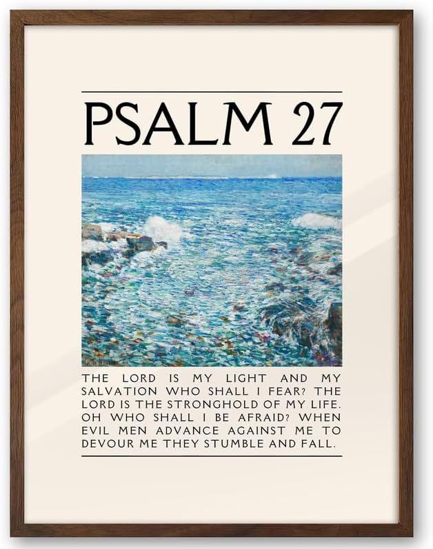 EcoHest 12x16 in Psalm 27 Ocean Framed Bible Verse Christian Wall Art | Walnut Color Solid Oak Frame， Canvas Wall Art, Coastal Scripture Wall Decor for Bedroom, Living Room, Office, Church, 1Pack