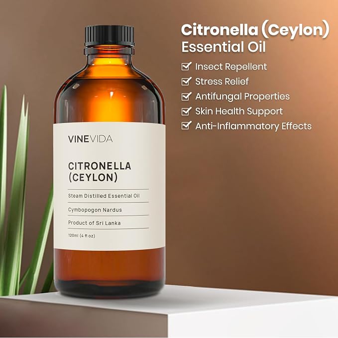 VINEVIDA Citronella Ceylon Essential Oil 4 oz - Undiluted Citronella Oil 4 oz - Citronella Candle Oil Scent - DIY Candle Scents for Candlemaking - Bulk Essential Oil for Soap Making