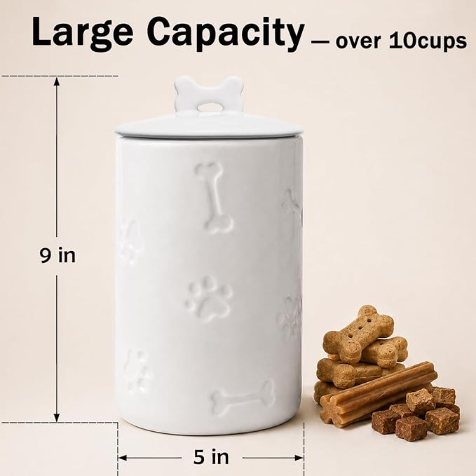 Dog Treat Container Airtight - 9"x5" Ceramic Big Treats Jar with Lid(White)