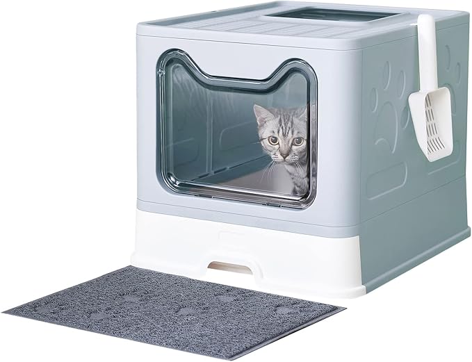 Medario Cat Litter Box with Litter Mat and Scoop(Blue) | Large Covered Litter Box with Lid, Enclosed Kitty Box, Front Entry Top Exit, Odor Control, Easy to Clean