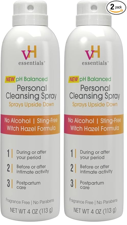 vH essentials Personal Cleansing Spray, pH Balancing Lactic Acid, Sting-Free, Witch Hazel Formula, Fragrance free, Paraben free, Sprays upside down for easy external intimate cleansing, 4 floz