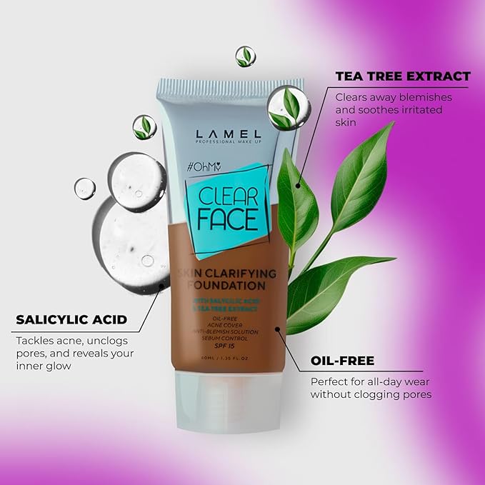 LAMEL Oh My Clear Face Full Coverage Foundation for Oily & Acne Prone Skin, Salicylic Acid & Tea Tree Extract, Anti-Blemish Sensitive Skin Care, Organic & Oil-Free, 411 Deep Neutral, 40 ml 1.35 fl.oz