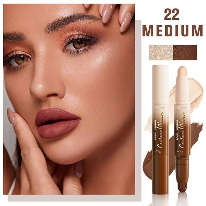 Nude + Light Beige Contour Stick Dual Ended Face Body Makeup Waterproof no Transfer, 2 in 1 Cream Concealer Stick Contouring Makeup Kit, Nose Contour Bronzer Sticks Face Highlighter Make up