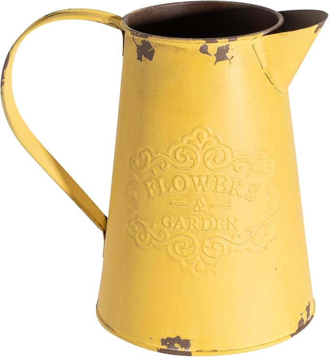 Yellow Metal Flower Vase Vintage Jug Pitcher Shabby Chic Decor Rustic Farmhouse Kitchen Decor for Home