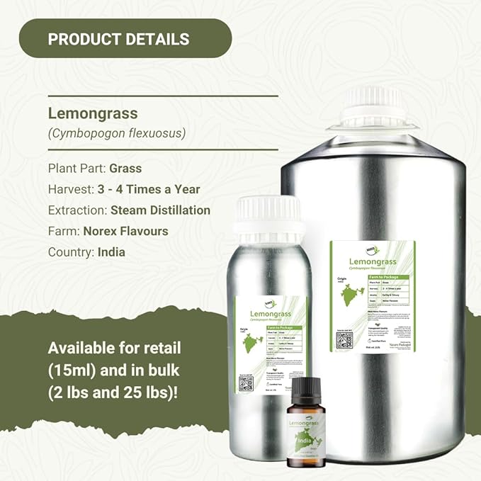 Lemongrass Essential Oil - Natural Aceite de Hierba Limón from Norex Flavours India - Lemongrass Essential Oils for Hair, Aromatherapy and Massage (22lbs)