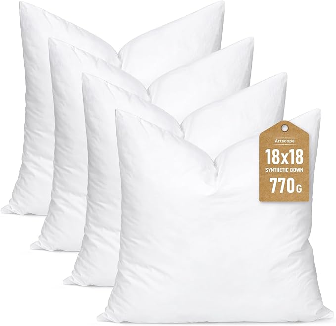Artscope Synthetic Down Pillow Insert, 18x18 Down Alternative Throw Pillow Insert. Ultra Soft Fluffy Sleeping Pillow with 100% Cotton Cover, Decorative Pillows Set of 4-White.