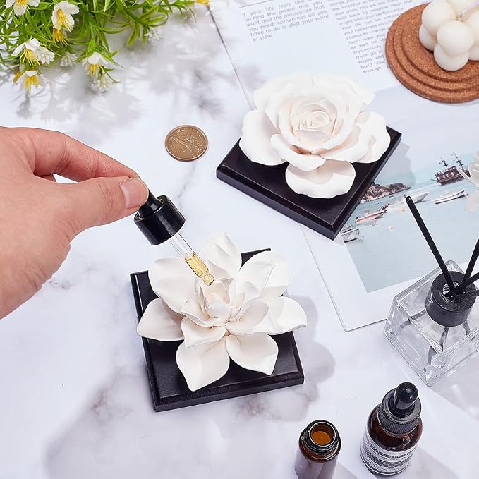 INFUNLY 2PCS White Rose Essential Oil Diffuser Stone Mini Ceramic Aromatherapy Diffusers 3.3x3.3 Inches Scent Air Ornament Kit Essential Oil Passive Flower Diffuser for Gifts Room Office Car Decor