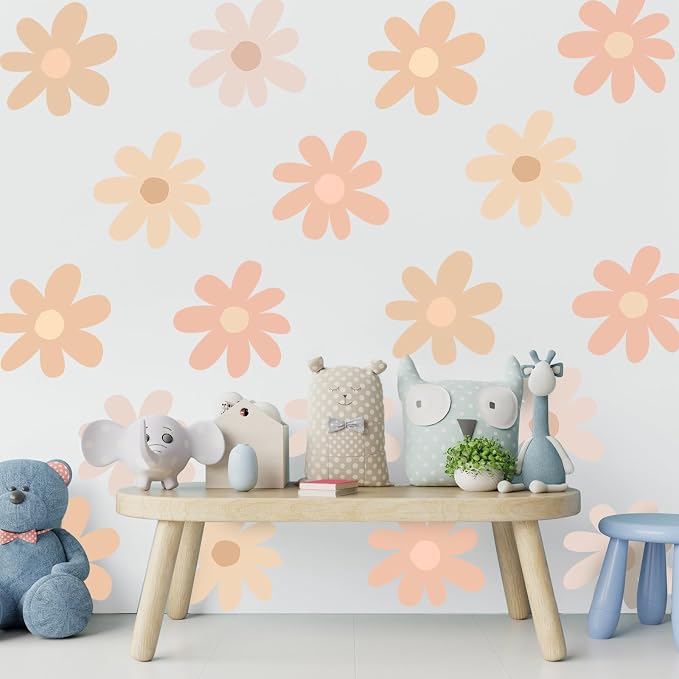 TaoBary 12 Sheet Daisy Wall Sticker Decal,Light Color,Bobo Style | Big Flower Wall Sticker, Pink White Floral Decal, Daisy Bedroom Room Decor, Removable Peel and Stick, Nursery Home Wall Decor