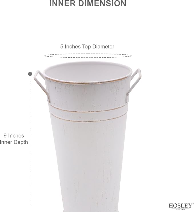 Hosley Set of 2 White Wash Finish Bucket/Pot Vase with PVC Liner 6.25" L x 5" W x 9" H, Ideal Gift for Wedding Home Office Party DIY Indoor Outdoor Garden Patio