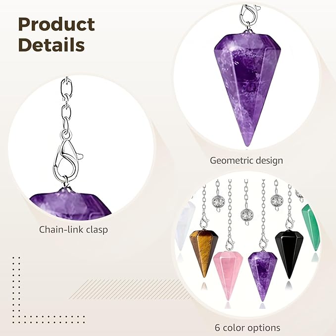6 Pcs Crystal Pendulum Set, Natural Gemstone Hexagonal Cone Pendant, Includes Black Agate, Tiger Eye, Amethyst, White Crystal, Rose Quartz, Green Aventurine with Hollow Chain, Healing Divination Tools