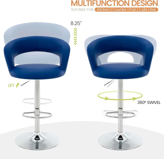 Brage Living Wide Bar Stool, Modern PU Leather Swivel Adjustable Barstool with Hollow Back and Arms, Upholstered Airlift Counter Height Bar Chair for Kitchen Dining (Blue, Chrome Base)
