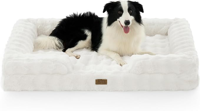 COZY KISS Faux Fur Orthopedic Dog Bed Washable for Extra Large Dogs, XXL | Soft Warm Pet Sofa with Sides or Bolster, Non-Slip and Big Dog Couch with Removable Waterproof Cover, 48x35 inch, Beige
