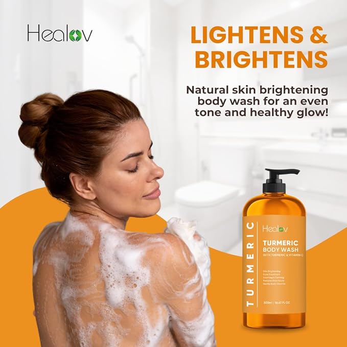 Healov Turmeric Body Wash – Skin Brightening Soap for Dark Spots, Hyperpigmentation – Exfoliating Turmeric Face Wash Reduces Acne, Scars, & Cleanses Skin – Natural Bath Liquid Soap