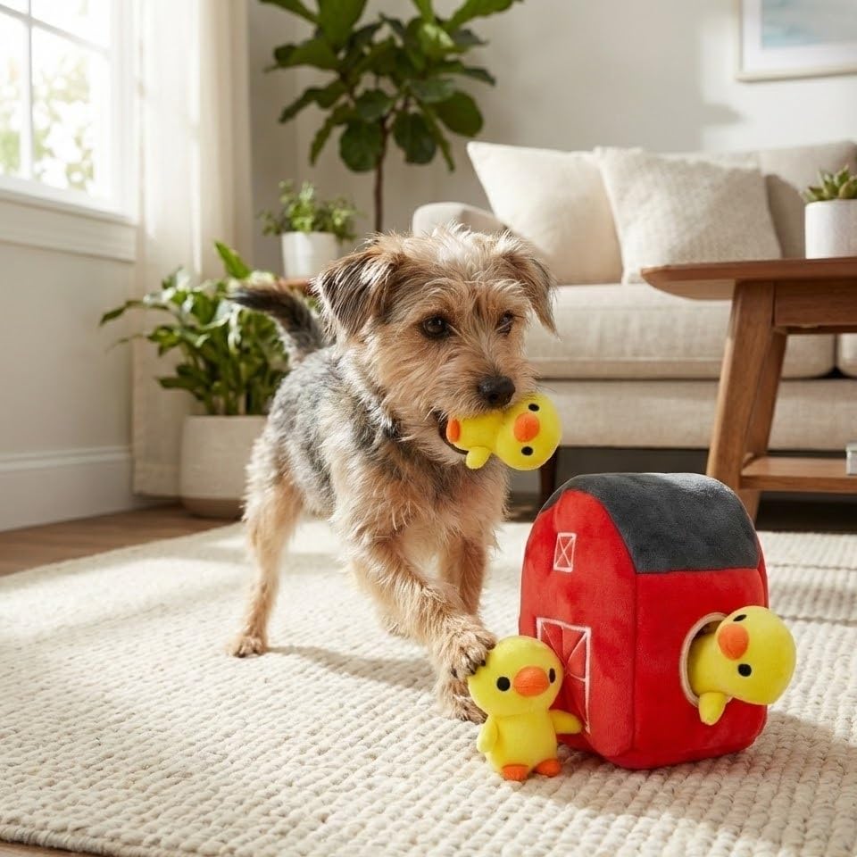 MODERN WAVE - Interactive Squeaky Plush Hide and Seek Squirrel Type Puzzle Toy for Dogs, Medium/Large Size (Farm and Ducks)