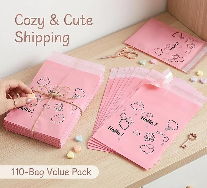 [110 Count] Bynibiny Pink Feminine Hygiene Disposal Bags for Pads & Tampons | PE Self-Sealing Sanitary Napkin Bags with Adhesive Strip, 29x17cm, Teddy Bear Print, Discreet for Bathroom, Travel, Office