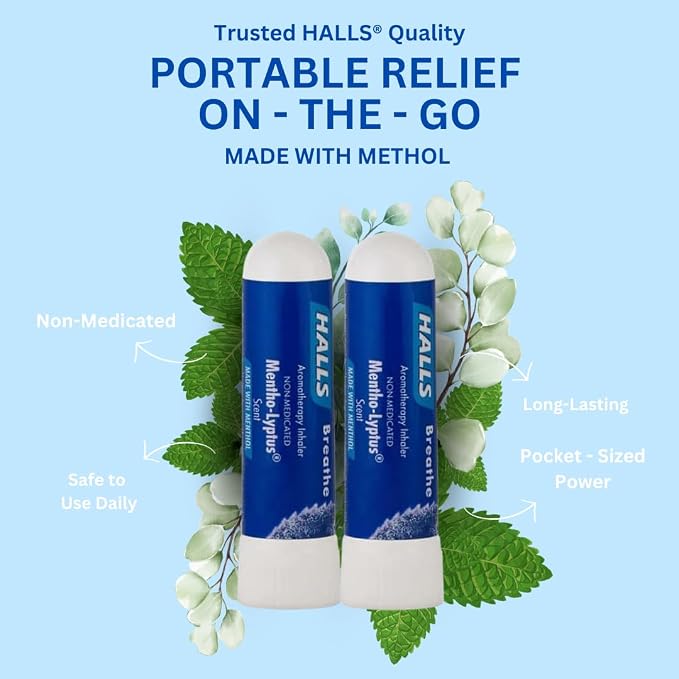 HALLS Nausea Relief Nasal Stick – Breathe Mentho-Lyptus, 100% Pure Essential Oils, Aromatherapy Nasal Stick for Sinus Relief, Stress & Craving Management, Mentho-Lyptus Scent, 2-Pack, Non-Medicated