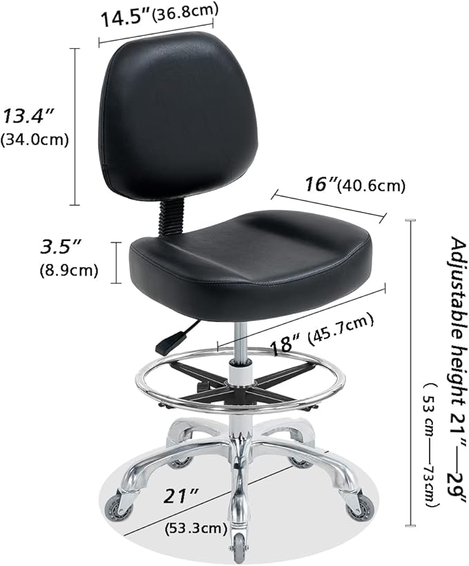 Drafting Chair Tall Office Chair for Standing Desk - Shop Stool with Backrest, Esthetician Drafting Stool with Wheels,Counter Height Chair for Studio, Workbench (Black, with Foot Rest)