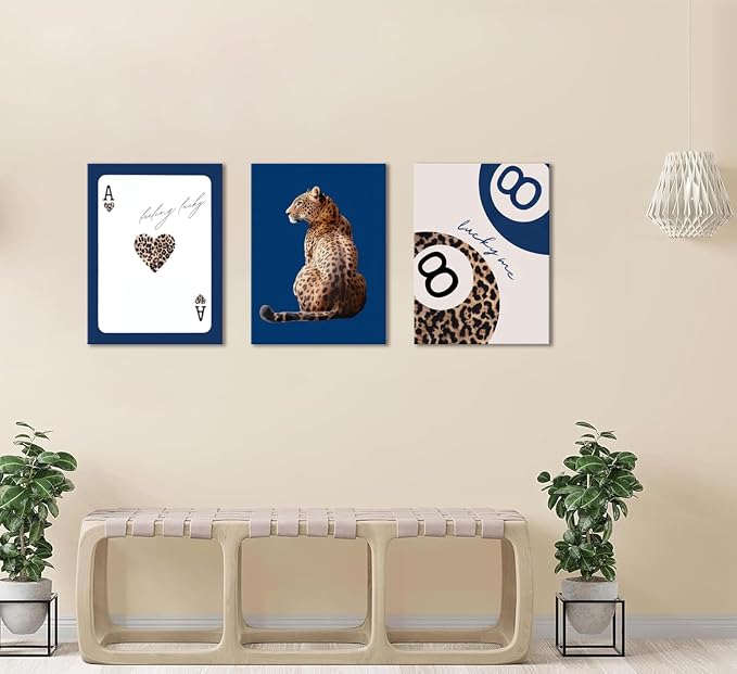Navy Blue Leopard Canvas Wall Art Set of 3 Cheetah Animal Prints Posters Wall decor Trendy 8 Ball Lucky Me Pictures Aesthetics Artwork for Dormitory Apartment Bedroom Decoration 12x16 Inch Framed