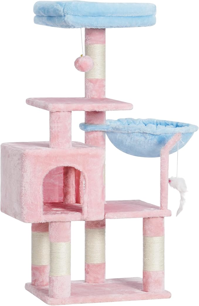 Heybly Cat Tree with Toy, 43.3 inch Cat Tower condo for Indoor Cats, Cat House with Padded Plush Perch, Cozy Hammock and Sisal Scratching Posts, Blue and Pink HCT004SBP