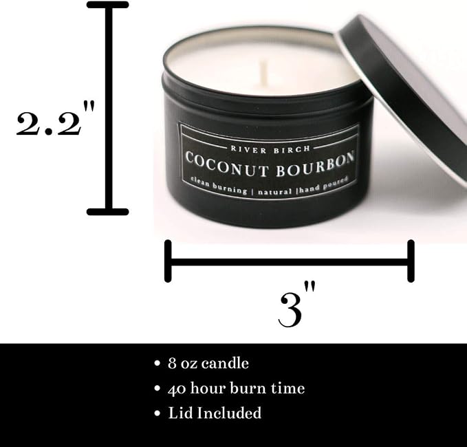 River Birch Candles Coconut Bourbon Scented Candle | Premium, All-Natural, Non-Toxic, Soy Candles | 8 oz. Black Matte Tin Travel Candle | Cozy Relaxing Gifts for Home