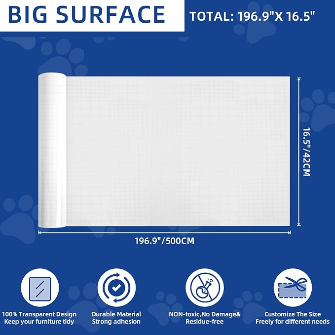 TOOSOFt Anti Cat Scratch Furniture Protector Clear Vinyl 196.9"x16.5" | Couch Protector from Cat Claws Thicken - Single Sided Sticky Flexible Dog Tape for Furniture, for Couch Corner Door Walls Bed
