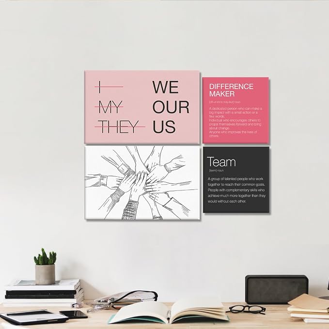 YEOION Motivational Office Wall Art,Inspirational Teamwork Wall Art for Office,Pink and Black Positive Teamwork Wall Decor for Women Set of 6