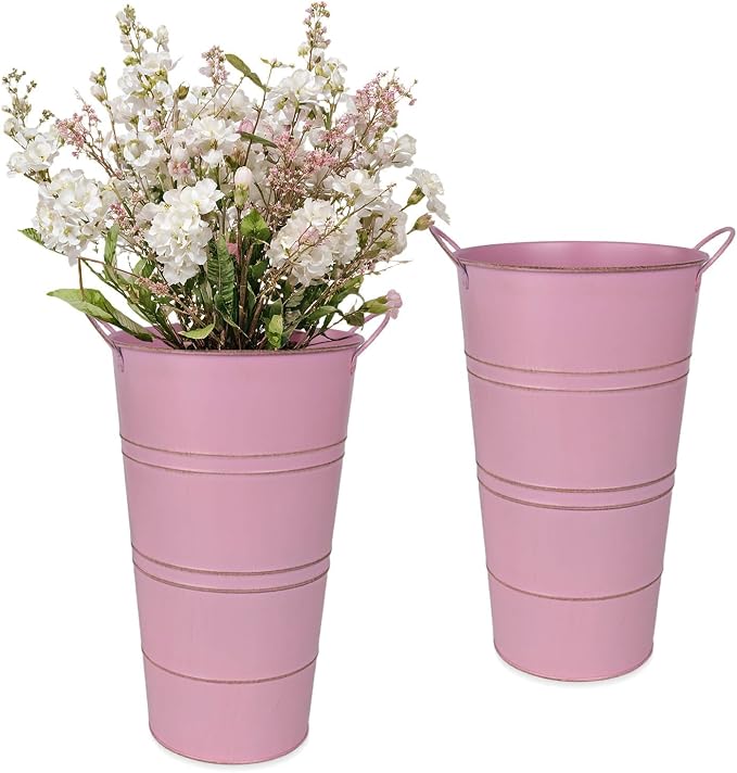 12 Inch Galvanized Metal Vase, 2 Pack Tall Flower Buckets with Handles | Galvanized metal flower buckets with handles, rustic tall vase design for dried flowers, weddings, farmhouse and home decor.