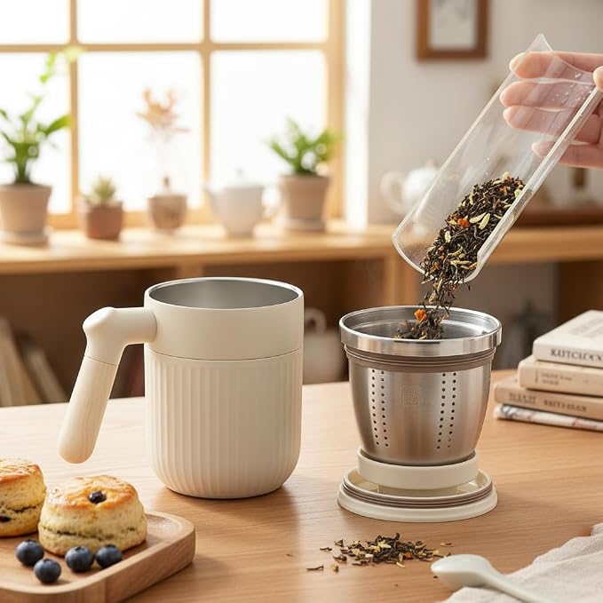 Tea Infuser Cup doubles as Insulated Coffee Mug,Tea Cup with Lid and Handles,Removable Stainless Steel Tea Strainers for Loose Tea (WHITE)