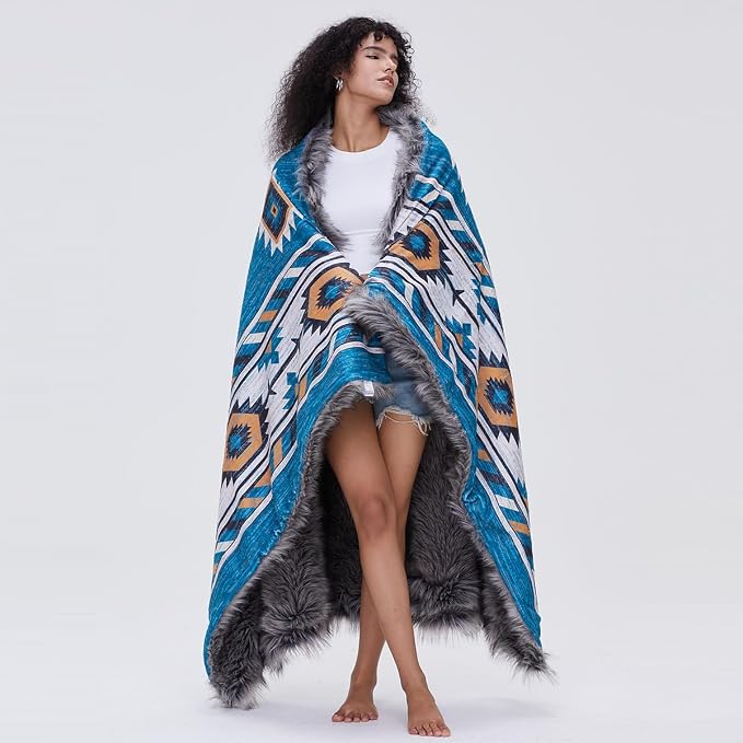 Luxury Plush Faux Fur Throw Blanket with Aztec Pattern, Super Warm, Fuzzy, Elegant, Fluffy Decoration Blanket for Couch, Armchair, Sofa and Bed, 60''x 80'', Teal