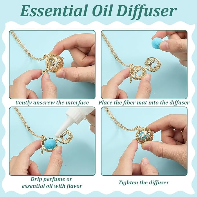 PH PandaHall 3pcs Golden Essential Oil Diffuser Necklace, Aromatherapy Locket Pendant with 10pcs Color Cotton Balls Scent Necklace Hollow Flower Pendant Necklaces for Men Women Jewelry Birthday Gifts